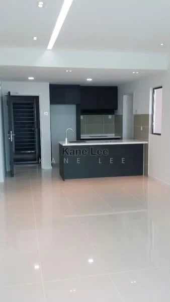 Kitchen features: island kitchen with bar seating, black cabinetry, white quartz countertop, stainless-steel sink, chrome pull-down faucet, built-in oven, ceramic tile backsplash, recessed downlights, polished ceramic tile flooring, floor-to-ceiling windows, open layout, neutral wall color; style: modern.