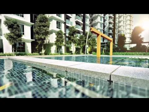 Exterior type: high-rise condominium; features: swimming pool, pool deck with loungers, landscaped garden, mature trees, glass curtain wall, modern architectural design, outdoor seating area, water feature, sunlight reflecting on water; style: modern.