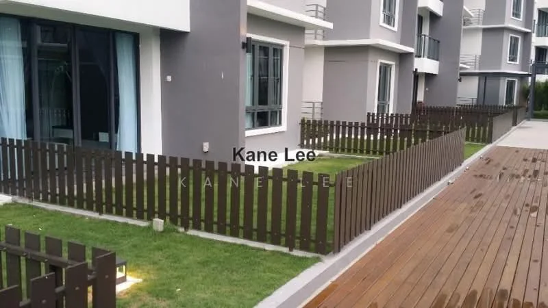 Exterior type: low-rise apartment block; features: wooden fence, manicured lawn, wooden decking, concrete pathway, multiple windows, balconies, grey painted facade; style: modern.