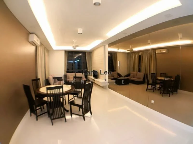 Dining features: round dining table, 6 black wooden dining chairs, white tiled flooring, brown accent wall, mirrored wall, recessed LED downlights, 2 ceiling fans, curtains, sofa in background, floor-to-ceiling windows; style: modern; view: city.