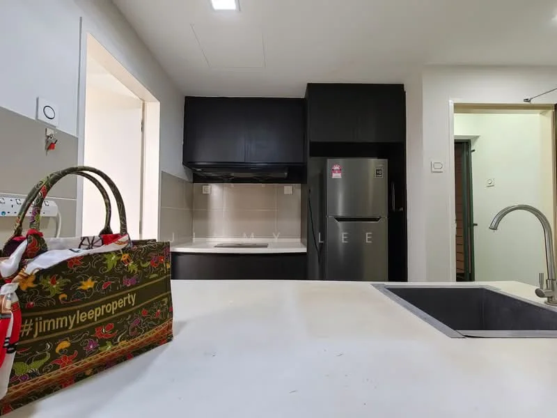 Kitchen features: white countertop, black cabinetry, stainless-steel fridge, built-in oven, stainless-steel sink, chrome pull-down faucet, wall-mounted range hood, tile backsplash, recessed lighting, open layout, kitchen island; style: modern.