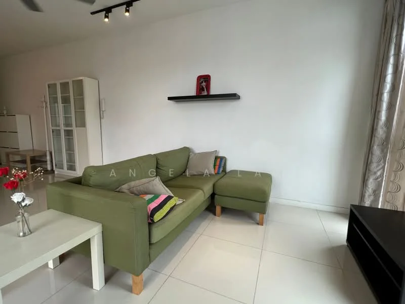 Living features: green fabric sofa with chaise, white coffee table, white painted walls, light-colored floor tiles, shelf mounted on wall, decorative item on shelf, curtains with pattern, ceiling fan with light; style: modern.