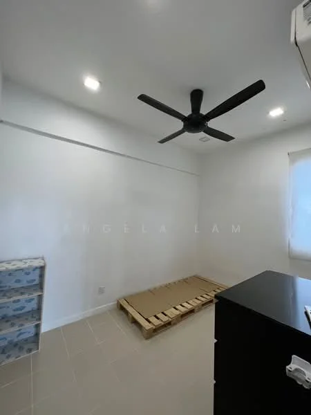 Room features: white painted walls, ceiling fan, tile flooring, window with sheer curtains, pallet bed base, black dresser, LED ceiling lights; style: modern.