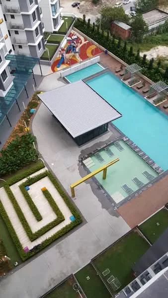 Exterior type: high-rise condominium; features: infinity pool, swimming pool deck with loungers, children's playground, landscape garden with pathways, manicured lawn, outdoor dining pavilion, water feature, modern architectural design; style: modern.