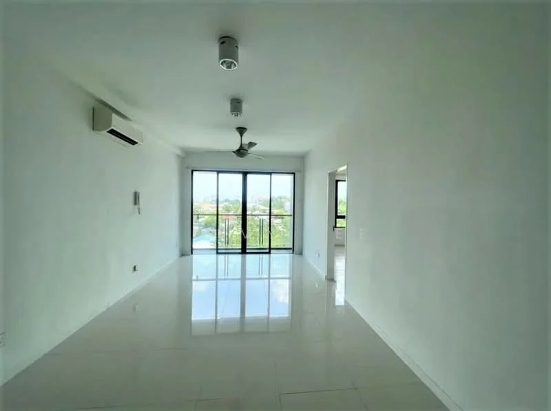 Living features: white painted walls, glossy white tile flooring, 5-blade ceiling fan with light, wall-mounted split AC, floor-to-ceiling windows, sliding glass door, natural light, view of greenery; style: modern; view: garden.