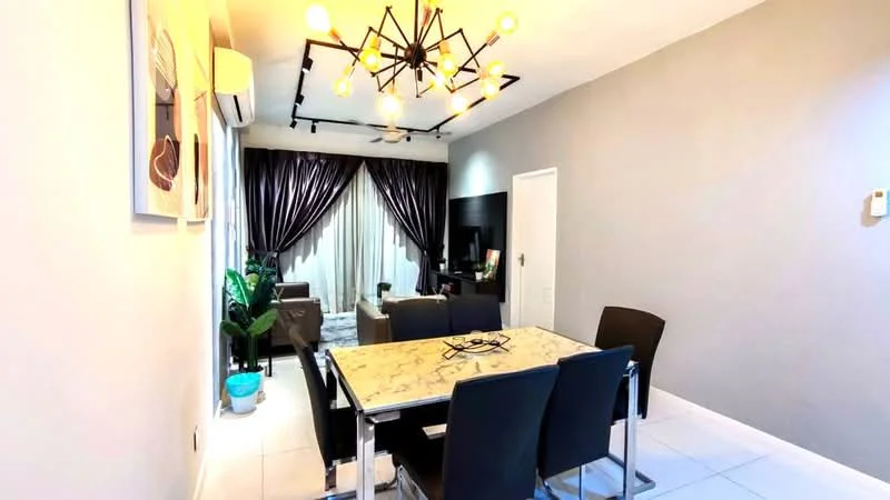 Dining features: marble dining table, black upholstered dining chairs, chandelier with multiple bulbs, white walls, grey accent wall, floor-to-ceiling curtains, sliding glass door, decorative plant in pot, TV console, sofa in living area visible, recessed ceiling lights; style: modern.