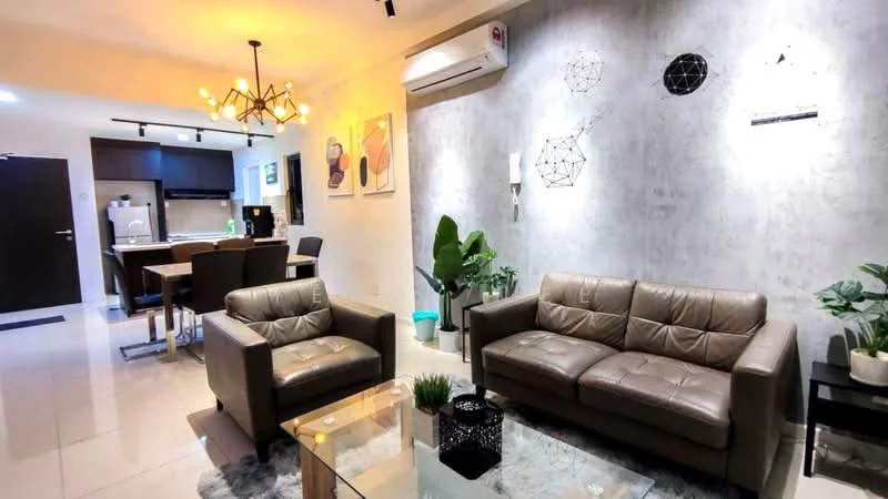 Living features: 3-seater leather sofa in brown, 2-seater leather sofa in brown, glass coffee table, decorative wall art, exposed concrete accent wall, recessed downlights, ceiling light fixture with multiple bulbs, air conditioning unit, potted plants, tile flooring; style: modern. Dining features: 4-seater dining table, black dining chairs, open kitchen layout, kitchen island, kitchen cabinetry; style: modern.