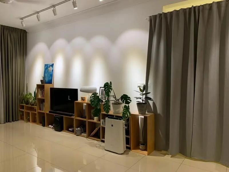 Living features: cream painted walls, recessed downlights, grey curtains, wooden shelving unit, TV console, flat-screen TV, indoor plants, air purifier, ceramic pots, glossy tile flooring; style: modern.