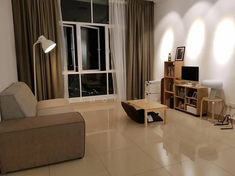 Living features: 3-seater fabric sofa in beige, floor lamp with adjustable arm, coffee table, TV console, wall-mounted TV, wooden shelving unit, white side table, large windows with sheer curtains, glossy tile flooring, decorative wall art, neutral wall color, recessed lighting; style: modern; view: city.