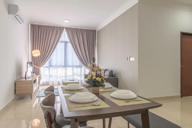 Dining features: dining table with 4 chairs, decorative centerpiece with flowers, white plates on the table, green placemats, light-colored wall, curtains in a neutral tone, floor-to-ceiling windows, air conditioning unit on the wall, polished tile flooring, wooden sideboard, wall-mounted TV, area rug under the dining table; style: modern. Living features: sofa, coffee table, TV console, wall-mounted TV; style: modern.
