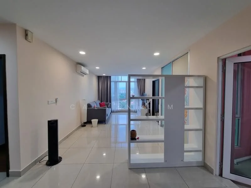 Living features: white painted walls, glossy tile flooring, recessed downlights, floor-to-ceiling windows, curtains, air conditioning unit, open shelving unit, sofa, coffee table, decorative items; style: modern; view: city.