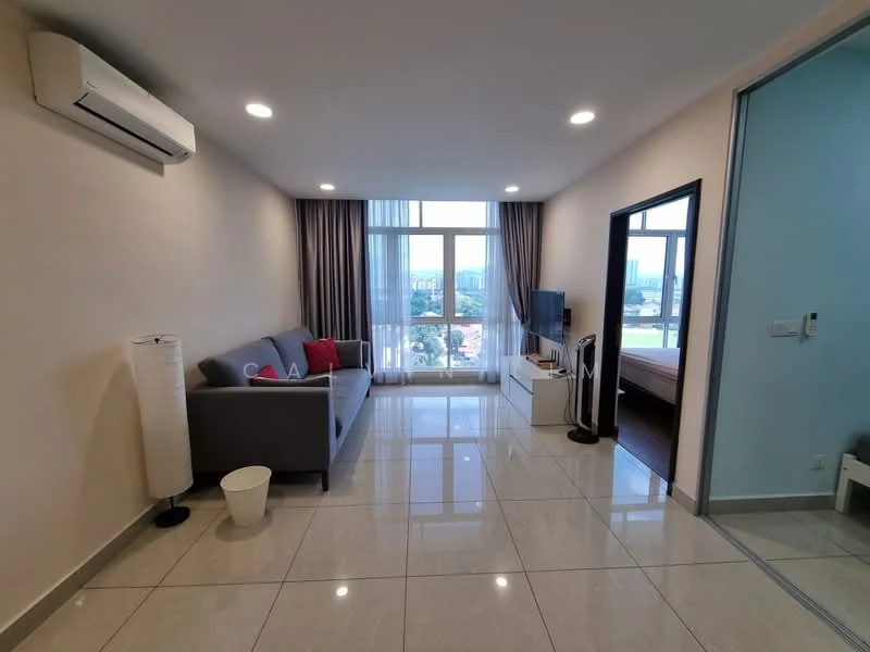 Living features: grey fabric sofa, red throw pillows, white coffee table, wall-mounted TV, TV console, floor-to-ceiling windows, curtains, air conditioning unit, glossy tile flooring, decorative floor lamp, white waste bin, ceiling lights; style: modern; view: city. Room features: bed, blue wall, doorway.
