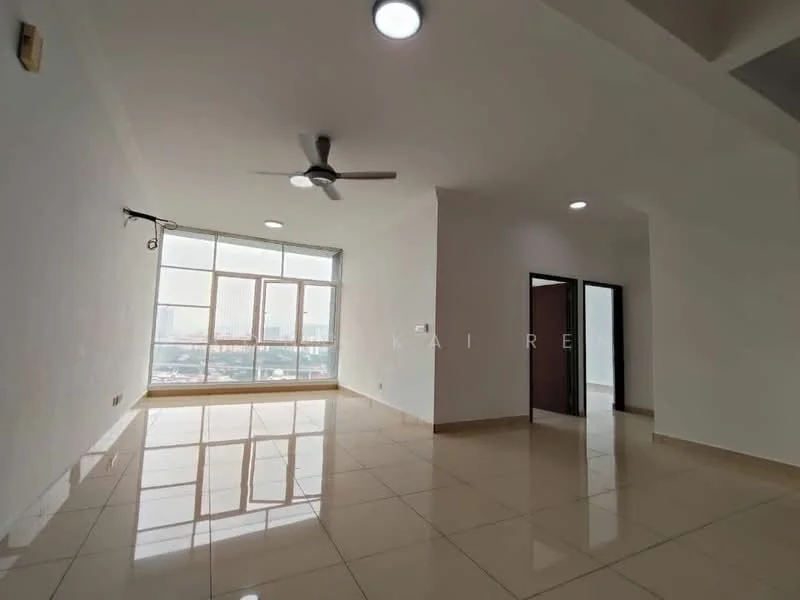Living features: white painted walls, glossy beige tile flooring, 5-blade ceiling fan with light, floor-to-ceiling windows, natural light from windows, city view, recessed lighting, open layout; style: modern; view: city. Room features: white painted walls, glossy beige tile flooring, doorway leading to other rooms.
