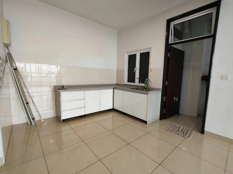 Kitchen features: white cabinetry with flat-panel doors, grey countertop, single-bowl stainless-steel sink, chrome pull-down faucet, ceramic tile flooring, white tiled backsplash, window above sink, door leading to another room, light-colored walls, recessed lighting; style: modern.
