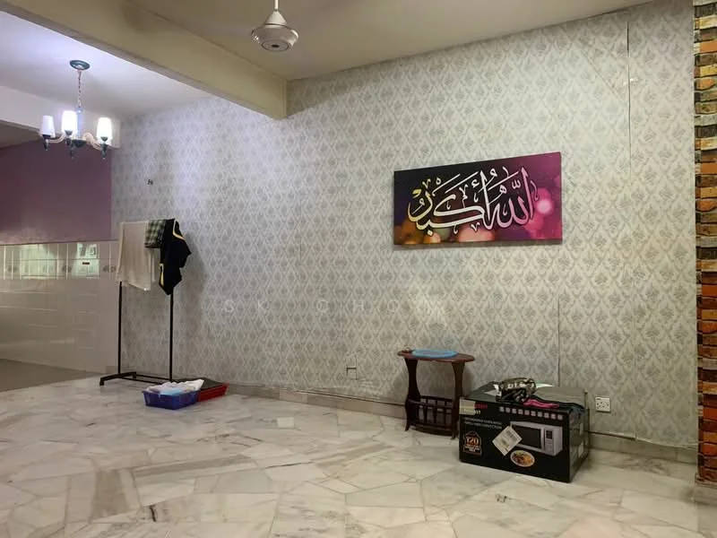 Room features: marble flooring, white painted walls, decorative wall art, ceiling light fixture, hanging light fixture, wooden side table, laundry basket, clothes rack, brick accent wall; style: modern.