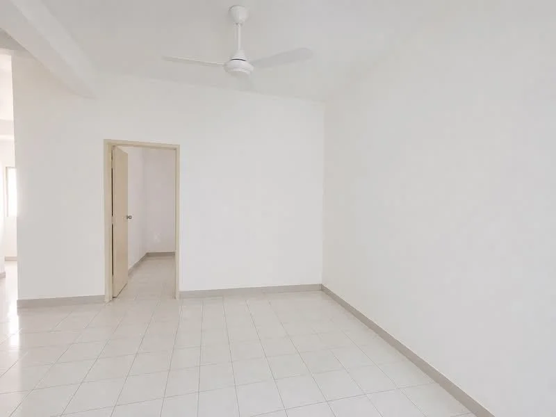 Room features: white painted walls, tile flooring, ceiling fan, doorway leading to another room, neutral color scheme; style: minimalist.