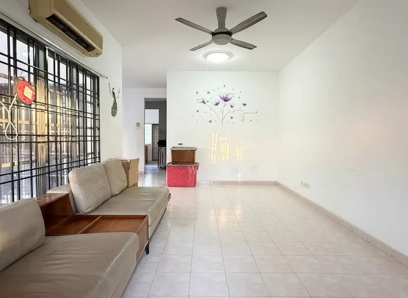 Living features: cream tiled flooring, white painted walls, 5-blade ceiling fan, recessed ceiling light, large window with black grille, decorative wall art, sofa with wooden frame, wooden coffee table; style: minimalist.
