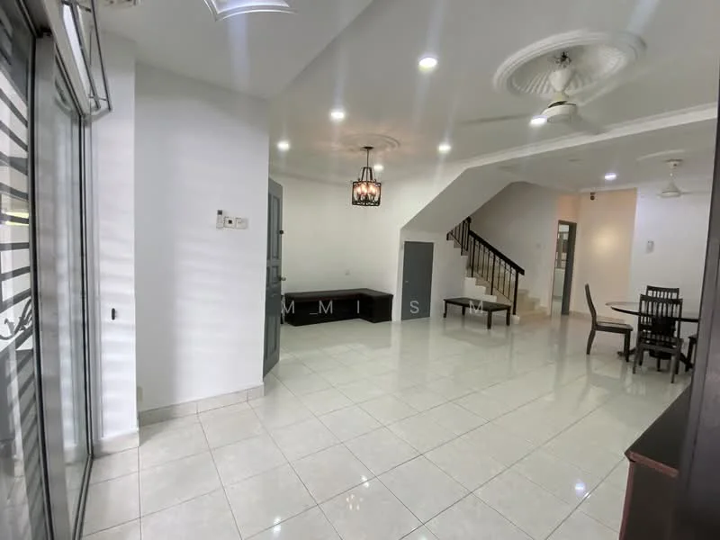 Living features: white painted walls, glossy white tile flooring, 5-blade ceiling fan with light, recessed downlights, chandelier, large glass sliding door, wooden dining table with chairs, black console table, staircase with wooden railing, open layout, natural light from windows; style: modern.