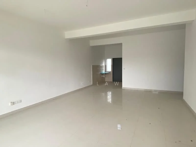 Room features: white painted walls, polished ceramic tile flooring, large windows, neutral ceiling, open layout, no visible furniture, empty space, natural light; style: modern.