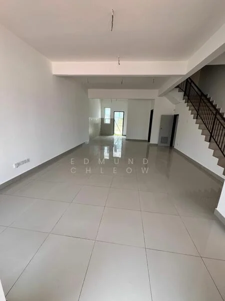 Room features: white painted walls, grey tiled flooring, open layout, staircase with metal railing, large windows, natural light, high ceiling, no visible furniture; style: modern.