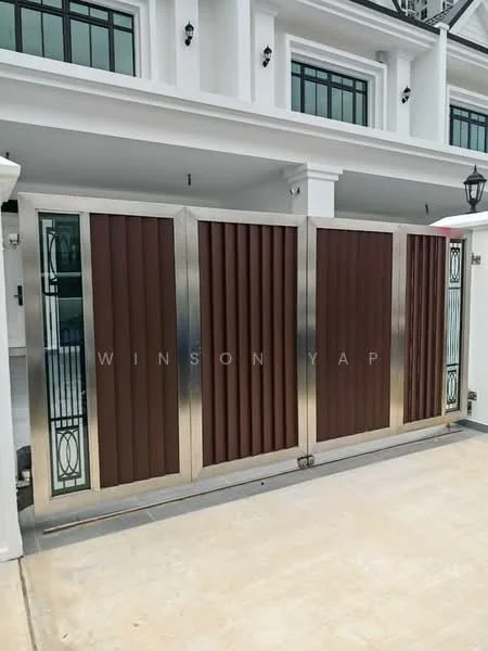 Exterior features: metal gate with wooden slats, decorative glass panel, white painted facade, stone-paved driveway, wall-mounted lantern, modern architectural design; style: modern.
