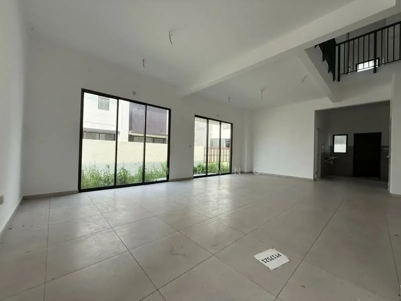 Room features: white painted walls, exposed ceiling beams, large floor-to-ceiling windows, grey tile flooring, open layout, natural light, minimalist design, no visible furniture; style: modern; view: garden.