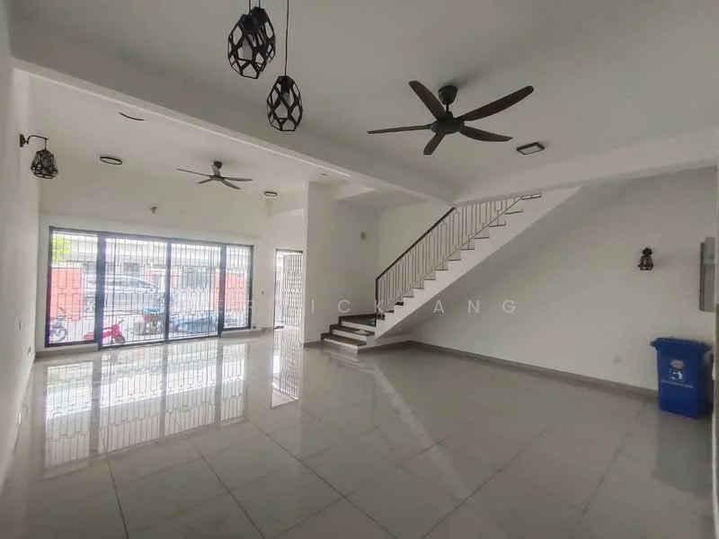 Living features: white painted walls, glossy ceramic tile flooring, 2 ceiling fans, 3-blade ceiling fans, large glass sliding doors, metal security grilles, recessed downlights, staircase with wooden steps, decorative pendant lights, open layout; style: modern.