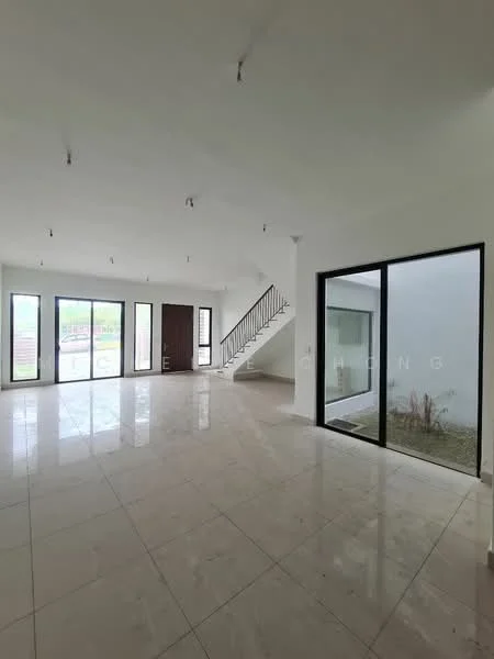 Room features: white painted walls, polished marble flooring, recessed downlights, large floor-to-ceiling windows, sliding glass door, staircase with metal railing, open layout, natural light from multiple sources; style: modern; view: garden.