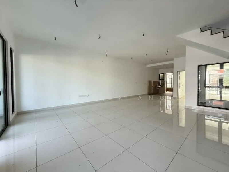 Living features: white painted walls, polished ceramic tile flooring, floor-to-ceiling windows, sliding glass door, recessed downlights, open layout, no visible furniture, neutral color scheme; style: modern.