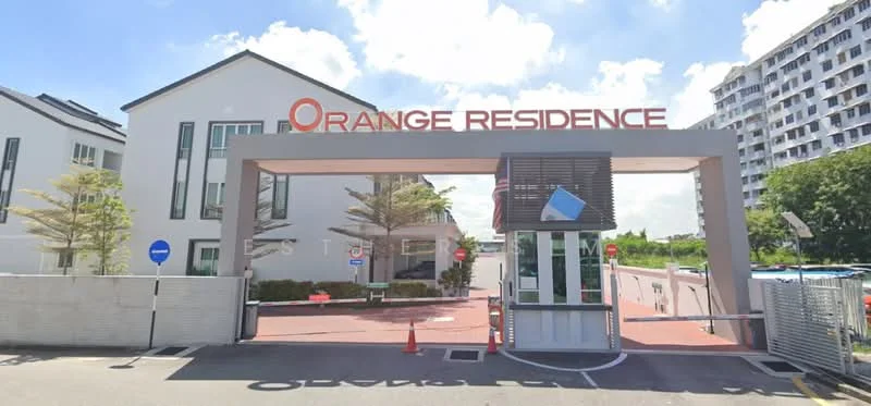 Exterior type: gated community; features: modern entrance gate, signage with 'Orange Residence', security guardhouse, paved driveway, landscaped greenery, surrounding trees, parking signs, traffic cones, surveillance cameras, fenced perimeter; style: modern.