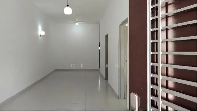 Room features: white painted walls, grey tiled flooring, ceiling fan, wall-mounted light fixtures, doorway, sliding window with grille, neutral color scheme, open layout; style: modern.