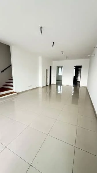 Room features: white painted walls, polished ceramic tile flooring, recessed LED downlights, staircase with wooden steps, large windows, open layout, neutral color scheme; style: modern.