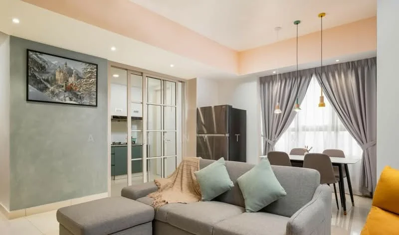 Living features: grey fabric sofa with chaise, two light blue throw pillows, framed artwork on wall, recessed ceiling lights, pendant lights in yellow and green, floor-to-ceiling window with sheer curtains, dining table with four chairs, light wood dining chairs, grey wall with textured finish, white tiled flooring; style: modern. Kitchen features: stainless-steel refrigerator, glass sliding door separating kitchen, white cabinetry, grey countertop, built-in oven, cooktop, kitchen island, open shelving; style: modern.
