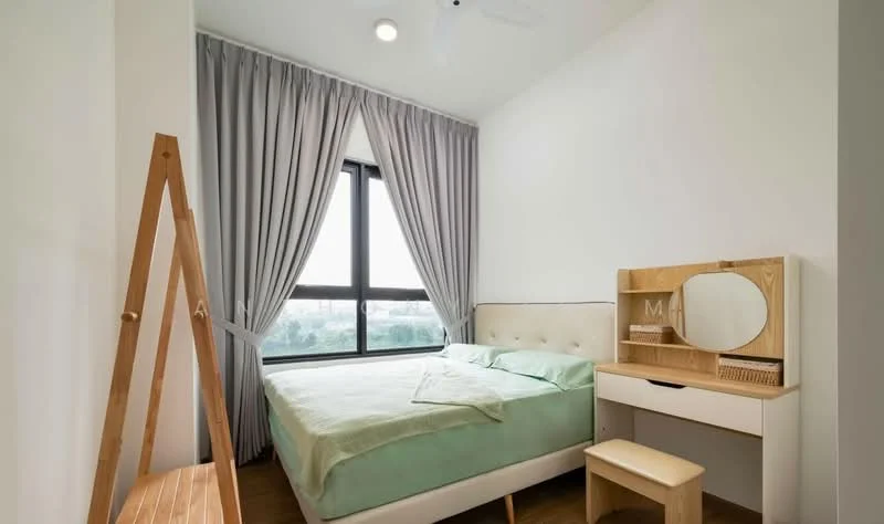 Bedroom features: queen-size bed with upholstered headboard, light green bedspread, floor-to-ceiling window, sheer curtains, wooden dressing table with mirror, wooden stool, wooden ladder-style decor, recessed ceiling light, wood flooring; style: modern; view: city.