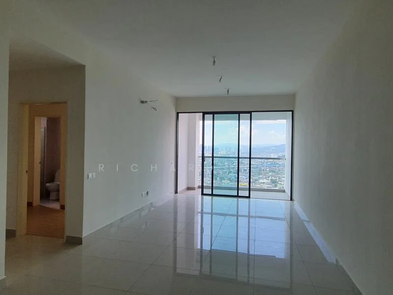 Living features: white painted walls, glossy tile flooring, floor-to-ceiling windows, city view, recessed downlights, open layout, neutral color scheme, natural light; style: modern; view: city. Room features: white painted walls, glossy tile flooring, doorway leading to bathroom, neutral color scheme.