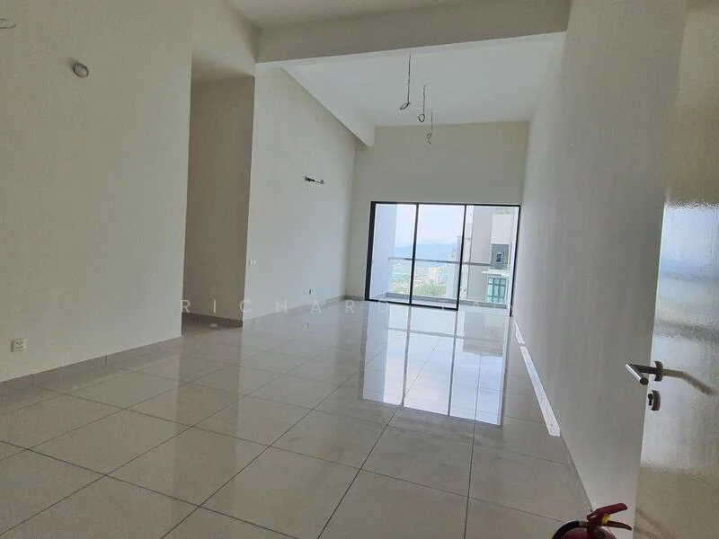 Room features: white painted walls, high ceiling, large floor-to-ceiling windows, glossy ceramic tile flooring, natural light, open space, view of the sea, minimalist design; style: modern; view: sea.