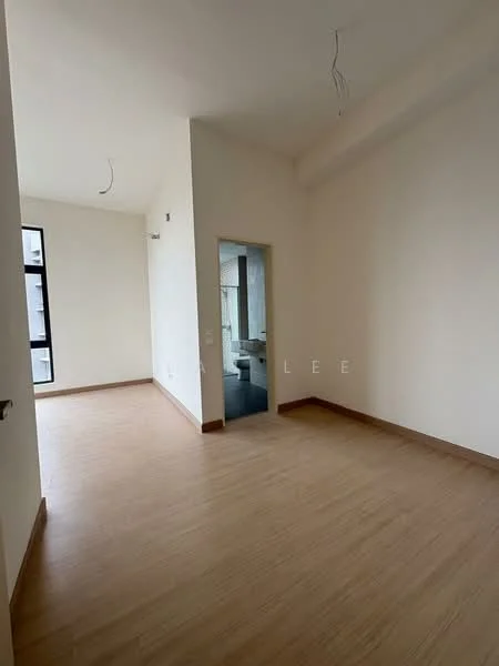Room features: light wood laminate flooring, white painted walls, large window with natural light, doorway leading to another room, ceiling with exposed wiring, neutral color scheme; style: modern.
