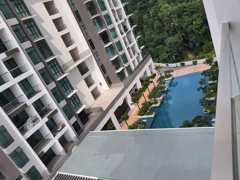Exterior type: high-rise condominium; features: swimming pool, pool deck with loungers, landscaped garden, balconies on upper floors, glass curtain wall facade, white painted facade, surrounded by greenery; style: modern.