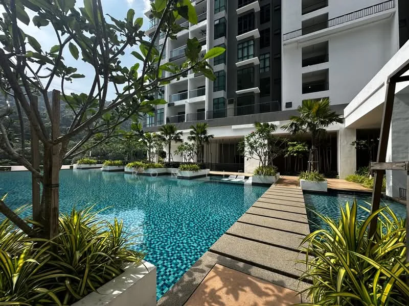 Exterior type: high-rise condominium; features: infinity pool, pool deck with loungers, landscaped garden, tropical landscaping, manicured lawn, paved walkway, surrounded by greenery; style: modern.