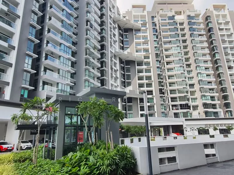 Exterior type: high-rise condominium; features: glass curtain wall, white painted facade, recessed balconies, multiple storeys, landscaped entrance, paved walkway, surrounded by greenery, parking area visible; style: modern.