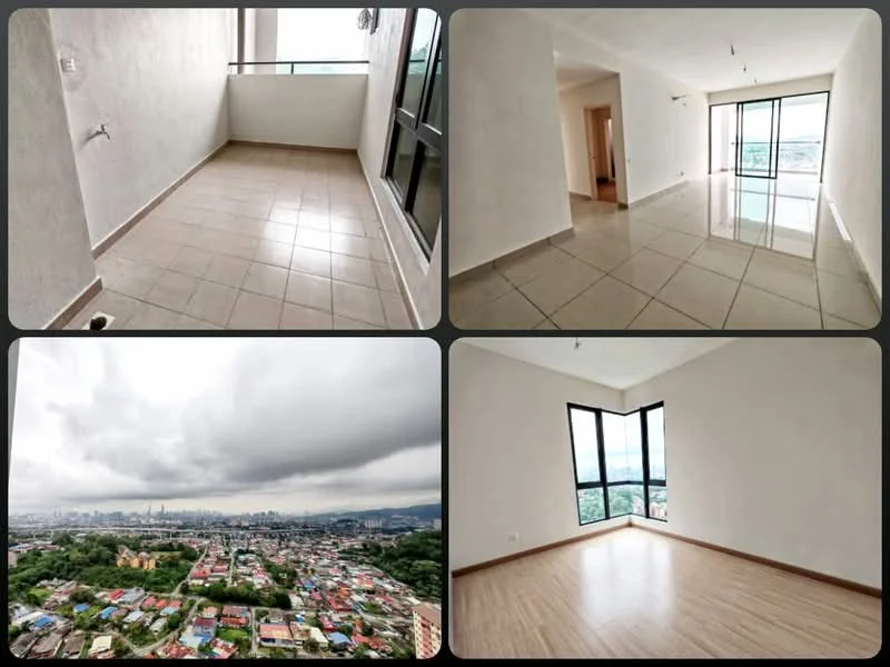 Room features: white painted walls, tile flooring, large windows, city view, natural light, corner windows, neutral color scheme, smooth ceiling; style: modern; view: city.