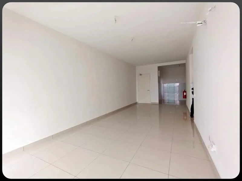Room features: white painted walls, glossy ceramic tile flooring, recessed downlights, doorway leading to another room, fire extinguisher mounted on wall, large windows for natural light; style: modern.