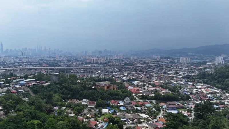 Exterior features: city skyline view, urban landscape, greenery in foreground, high-rise buildings in background, highway visible, residential areas, mixed-use development; style: modern.