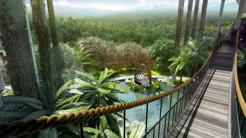 Exterior type: landscape garden; features: lush tropical landscaping, palm trees, manicured lawn, decorative water feature, wooden walkway, surrounding greenery, mountain view in background, variety of flowering plants; style: tropical-modern.