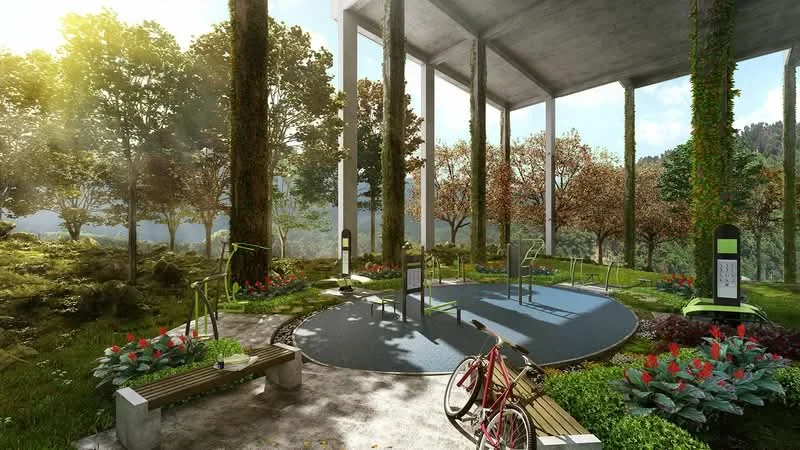 Exterior type: landscape garden; features: open-air fitness area, exercise equipment, concrete pillars, manicured flower beds, green landscaping, bicycle, wooden benches, surrounding trees, natural light, pathway; style: modern.