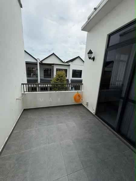 Room features: grey tiled flooring, white painted walls, black railing, outdoor light fixture, sliding glass door, roof overhang; style: modern; view: courtyard.