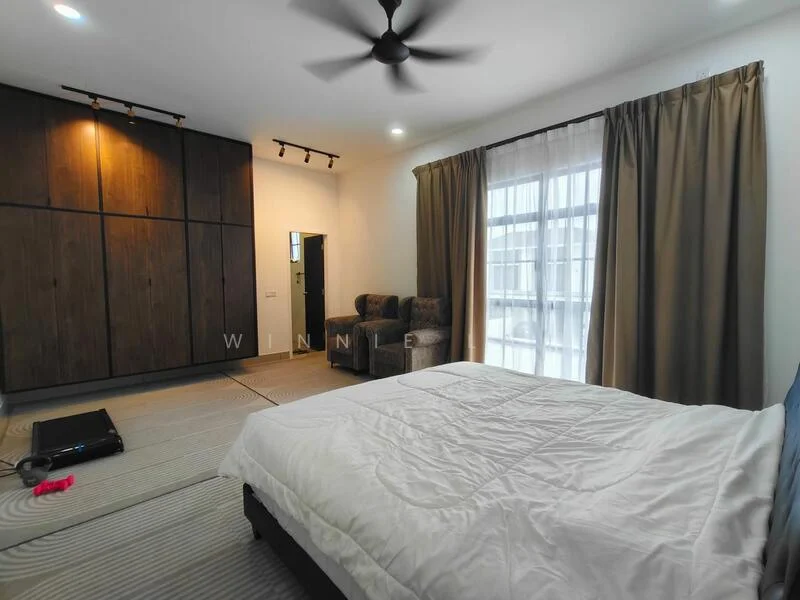 Bedroom features: queen-size bed with white bedding, upholstered headboard, wooden wardrobe with sliding doors, sofa chair in grey fabric, floor-to-ceiling windows with sheer curtains, ceiling fan with light, neutral wall colour, carpet flooring, recessed lighting, decorative wall art; style: modern.
