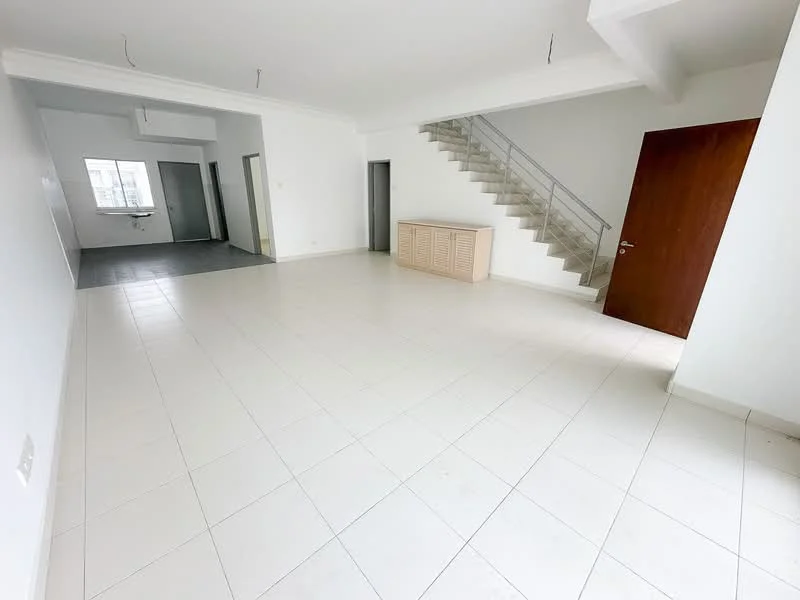 Living features: white painted walls, tile flooring, staircase with metal railing, large window for natural light, open layout, neutral color scheme, ceiling lights, built-in storage cabinet; style: modern. Room features: white painted walls, tile flooring, doorway leading to another room, window, unknown layout.