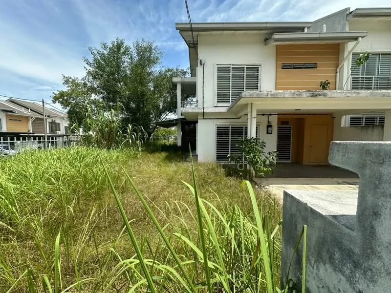 Exterior type: semi-detached house; features: two-storey building, white painted facade, orange accent panel, sliding windows with grilles, front porch area, overgrown grass in front yard, surrounding greenery, concrete boundary wall, driveway, visible neighboring houses; style: modern.