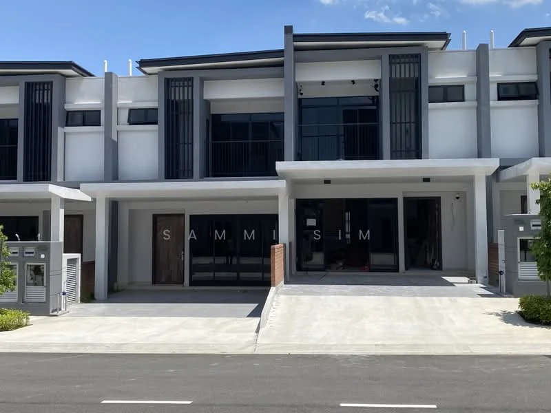 Exterior type: linked terrace house; features: white painted facade, glass windows, grey accent panels, two-storey structure, manicured landscaping, driveway with interlocking pavers, front porch area, modern architectural design; style: modern.